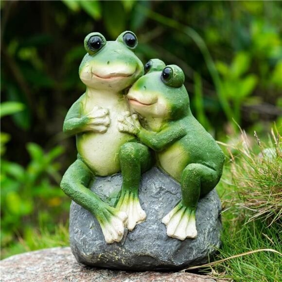 St. Patricks Day Frog Statue Garden Decor, Resin 2 Frogs on Stone Figurine - Picture 2 of 7